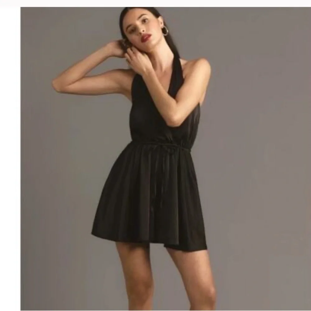 Anthropologie Hutch Black Halter Satin Romper XL Waist Tie Open Back NWT